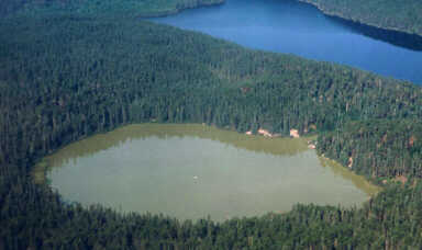 Aerial view of Lake 227 in 1994. Note the bright green colour